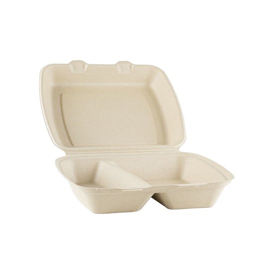 Maaltijdboxen 2-vaks suikerriet 1200ml 22,9x20,5x7,8cm 50 stuks 