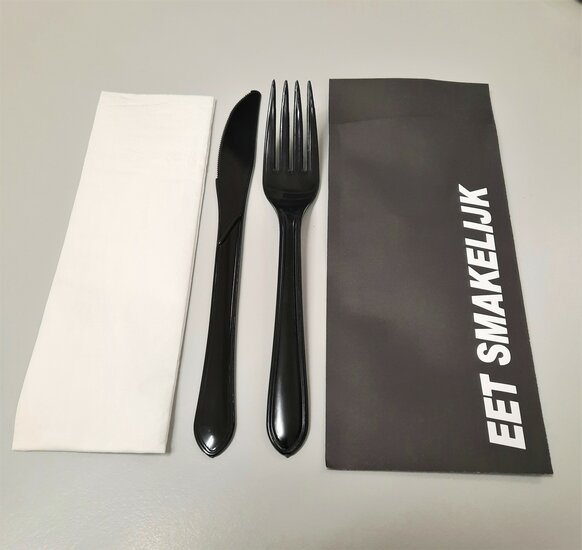 Bestekzakjes met plastic mes en vork + servet, 125 stuks